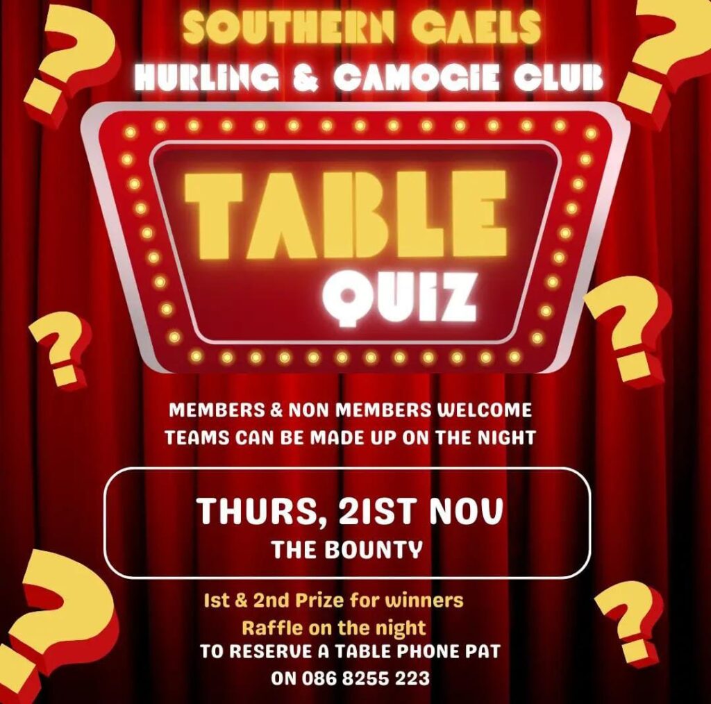 Southern Gaels Table Quiz 21st of November 2024